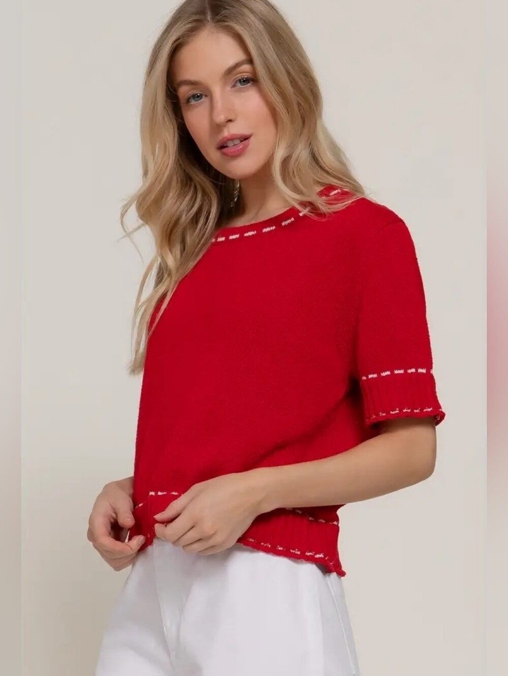 Active USA Red Short-Sleeve Knit Sweatshirt